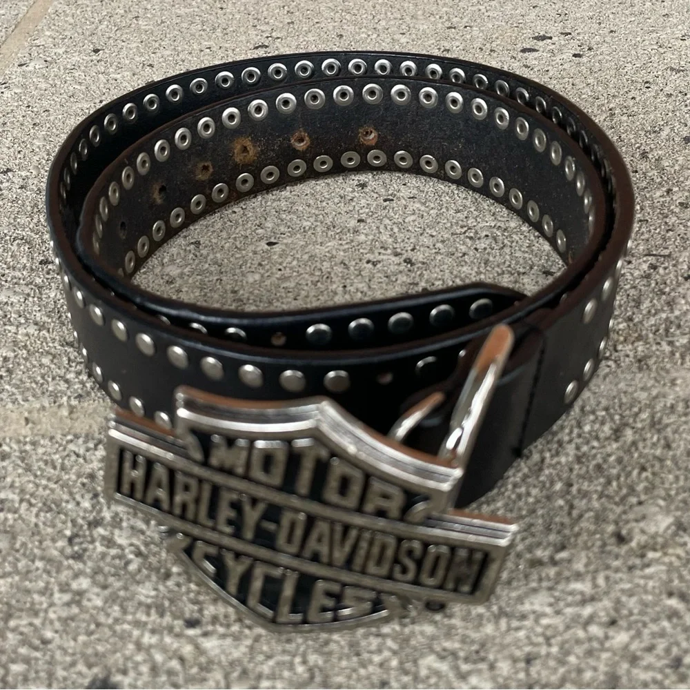 Harley-Davidson Black Leather Belt with Silver Studded Buckle Sz 36